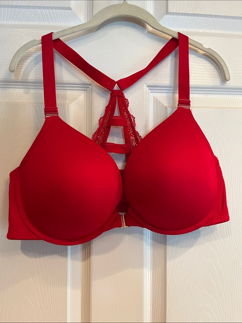 Cacique Bright Red Boost Plunge Bra with Strappy Lace Back